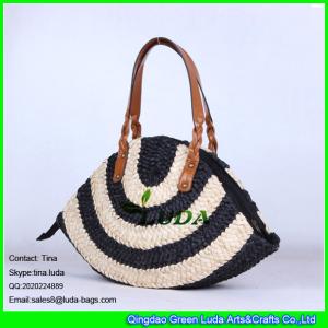 Wholesale LUDA brown leather handles straw handbags stiped cornhusk lady straw bag from china suppliers