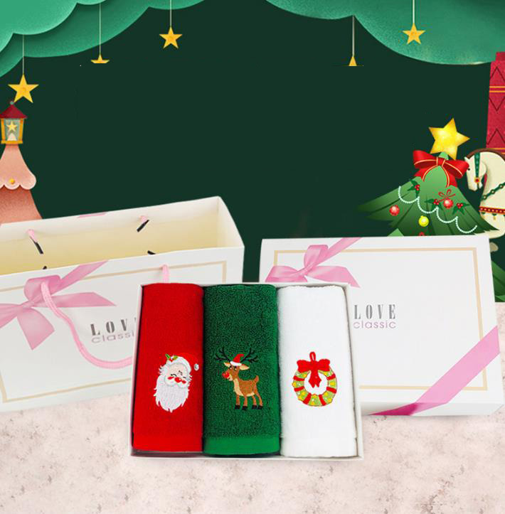 2023 Christmas Towel Gift Set Hypoallergenic Cotton Towels in Gift Box with Embroidery