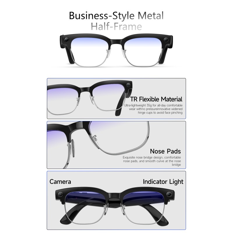 W630 Smart Glasses 1080P Camera IP66 Waterproof AI Voice Wake-up Image Stabilization Magnetic Charging Real-time Translation