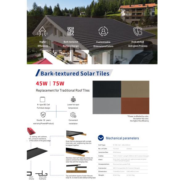 IBC CELLS 45W 75W Bark Textured Solar Tile Replacement For Traditional Roof Tiles