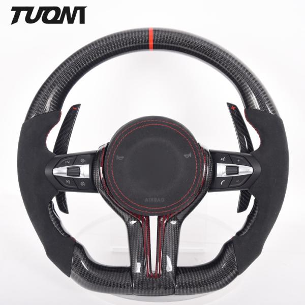 Red Stripes Black Alcantara Bmw Carbon Fiber Steering Wheel Plain Weave With