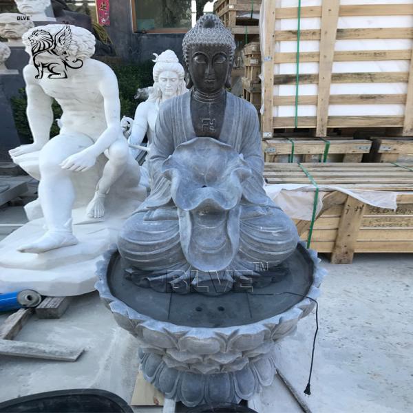 BLVE Garden Buddha Statue Water Fountain Black Natural Stone Handcarved Life