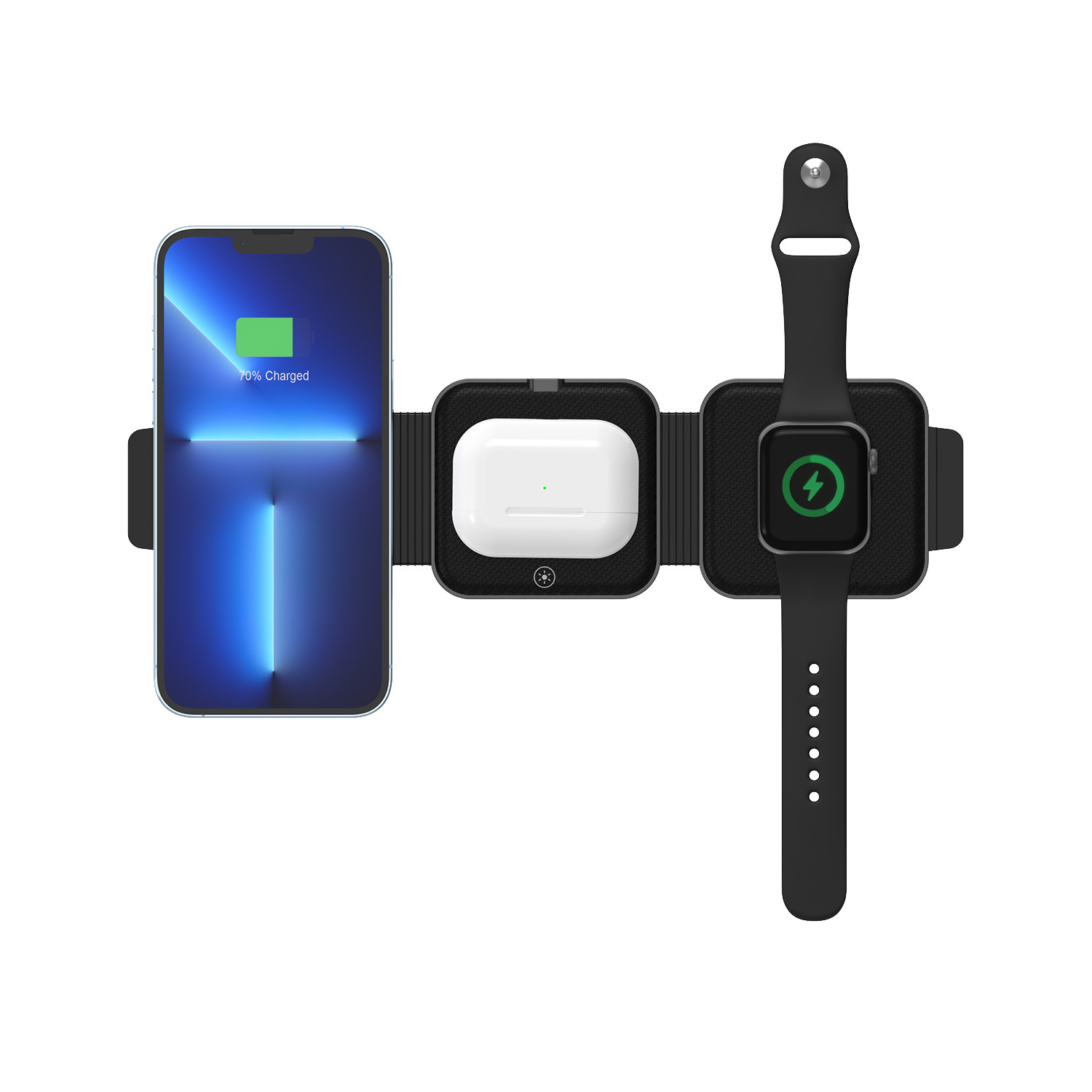 Portable Three-In-One Magnetic Wireless Charger for Fast Phone Charging in Black/White