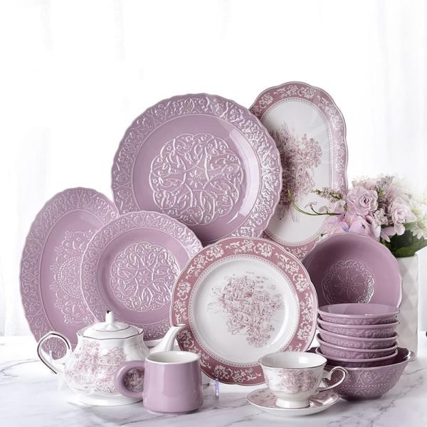 Europe Design Purple Green Gray Embossed Relief Floral Ceramic Tableware For Occasion