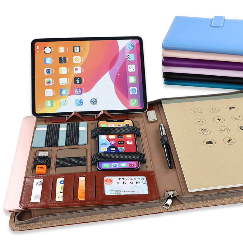 Handheld Executive Leather Business Portfolio Portable Multipurpose With Power Bank