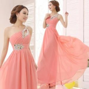 China Chiffon Long Pink Bridesmaid Dress Double Shoulder Straps Beading Sash Toast Dress on sale
