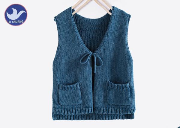 V Neck Sleeveless Girls Cardigan Sweaters Two Pockets Bandage Closure Computer