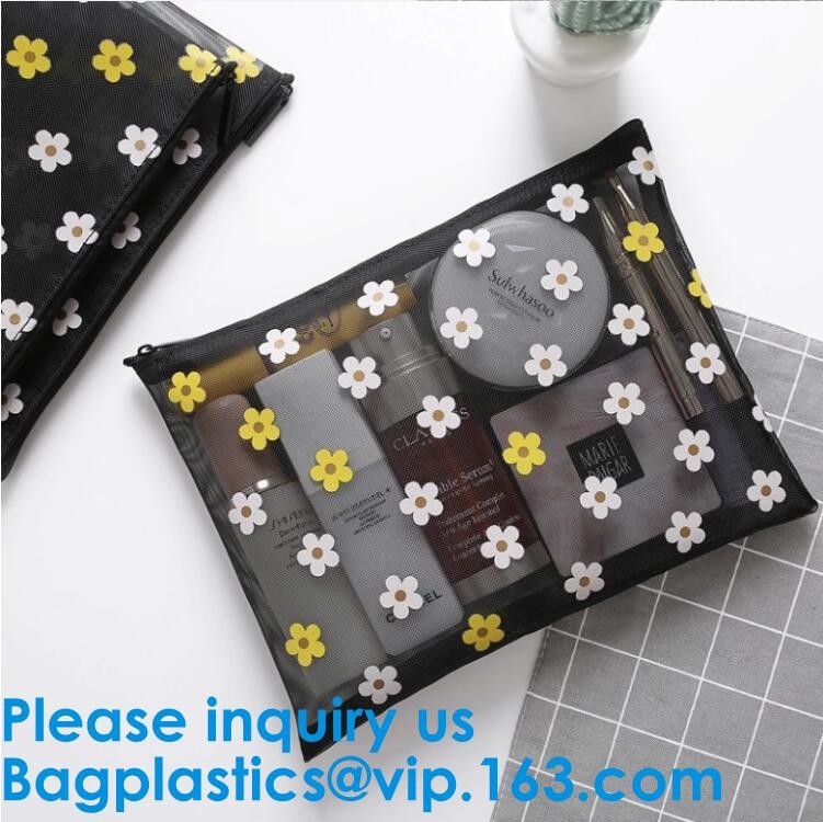 Travel Toiletry Pouch Nylon Mesh Cosmetic Makeup Organizer Bag Zipper Mesh Makeup Bag,Ladies Eco Makeup Hand Bag