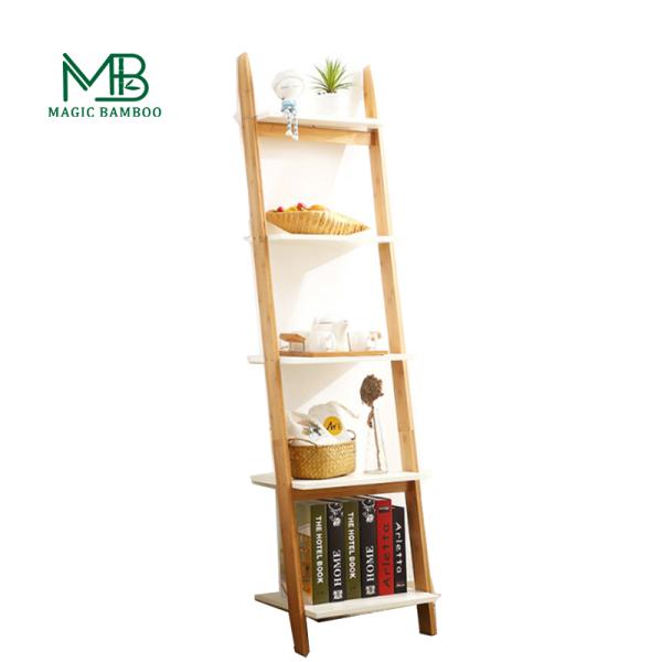 5 Tier Wall Leaning Bamboo Ladder Shelf Bathroom Bookshelf Storage