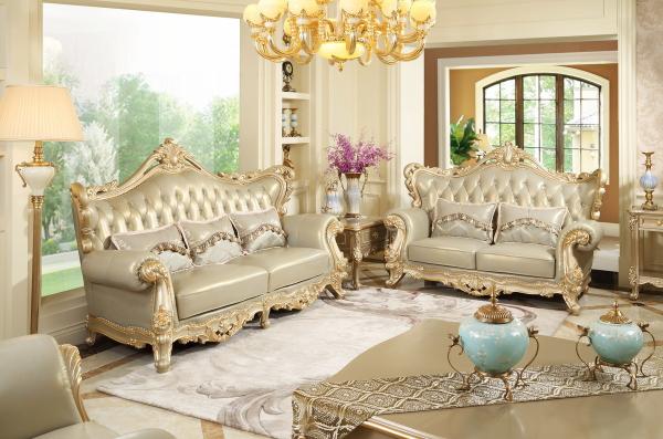 Luxury Living room Furniture European style Leather Sofa set wood flower by