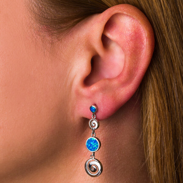 925 With Sterling Silver Greek Key Blue Opal Dangle Meander Meandros Earrings For Women