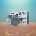 INTERMITTENT SEMI ROTARY LABEL DIE CUTTING WITH TURRET SLITTING AND REWINDING