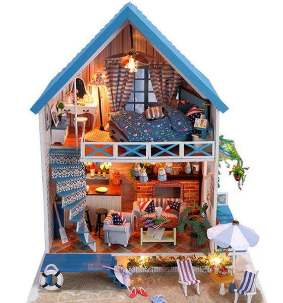 Dollhouse, DIY Lights plush House, Wooden Model, Luxury villas, Seaview,