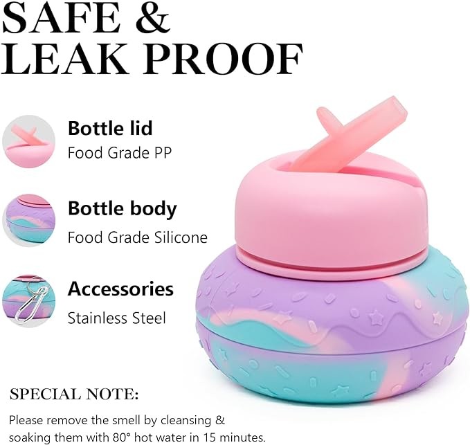 Doughnut Collapsible Water Bottle For Kids 19oz BPA Free Leakproof Silicone Rainbow Water Bottles For School Students