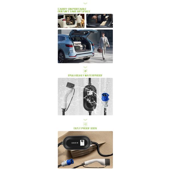 7kW Type 2 Portable EV Charger 8A-32A Adjustable 32A IP65 Weatherproof