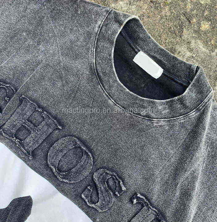 Men's Distressed Patch Embroidery T Shirts With Custom Printing And Knitted Weaving Method