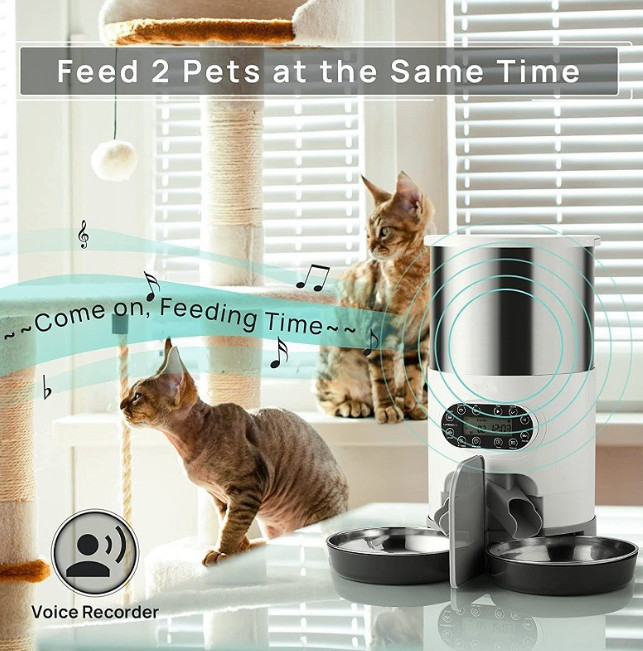 Dog Feeding Stainless Steel Pet Food Dispenser With Two Way Splitter