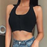 Backless Button Front Women Crop Top , Sleeveless Cotton Halter Tank Top