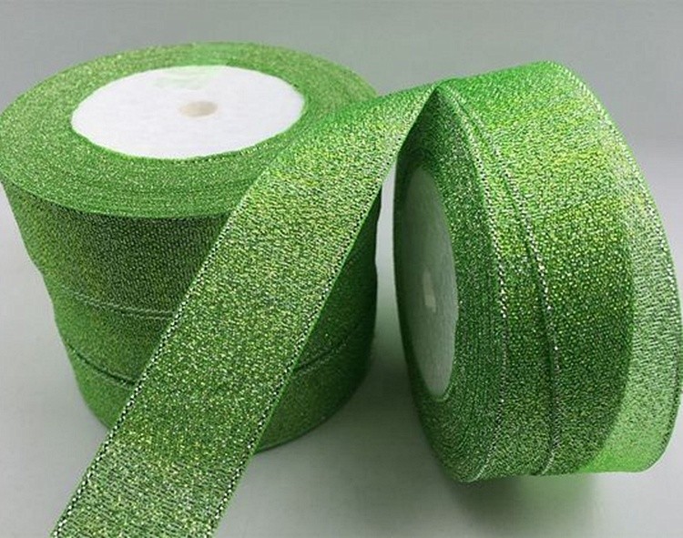 Fancy Green Glitter Ribbon High Durability Solid Color Patterned Custom Width