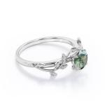 Round Cut Opaque White Druzy Mossy Green Agate Branch Leaf Design One-Stone