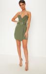Women Khaki Tux Detail Belted Wrap Bodycon Dress With Spaghetti Strap