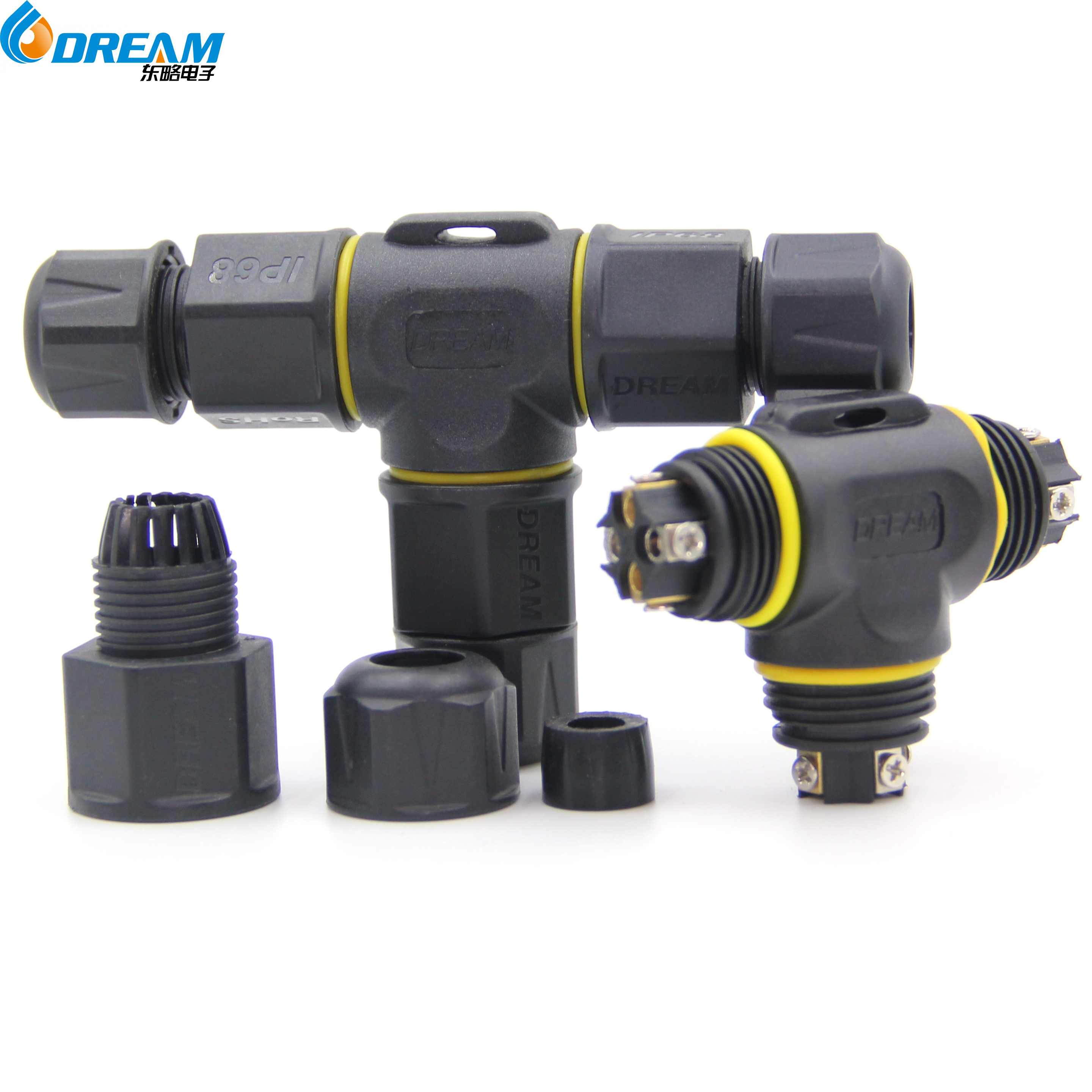 3P Female Copper T Connector UL ROHS IP68 Waterproof for LED Current PVC Material
