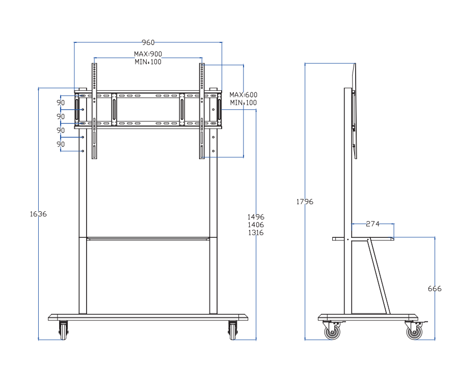 Height Adjustable Mobile TV Cart Stand for 65"-100" Displays