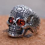 Men Retro Jewelry Heavy Sterling Silver Skull Ring with Red Cubic Zircon (043352