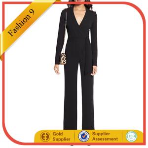 Wholesale Long Sleeved Crepe Wrap Jumpsuit With V Neck from china suppliers