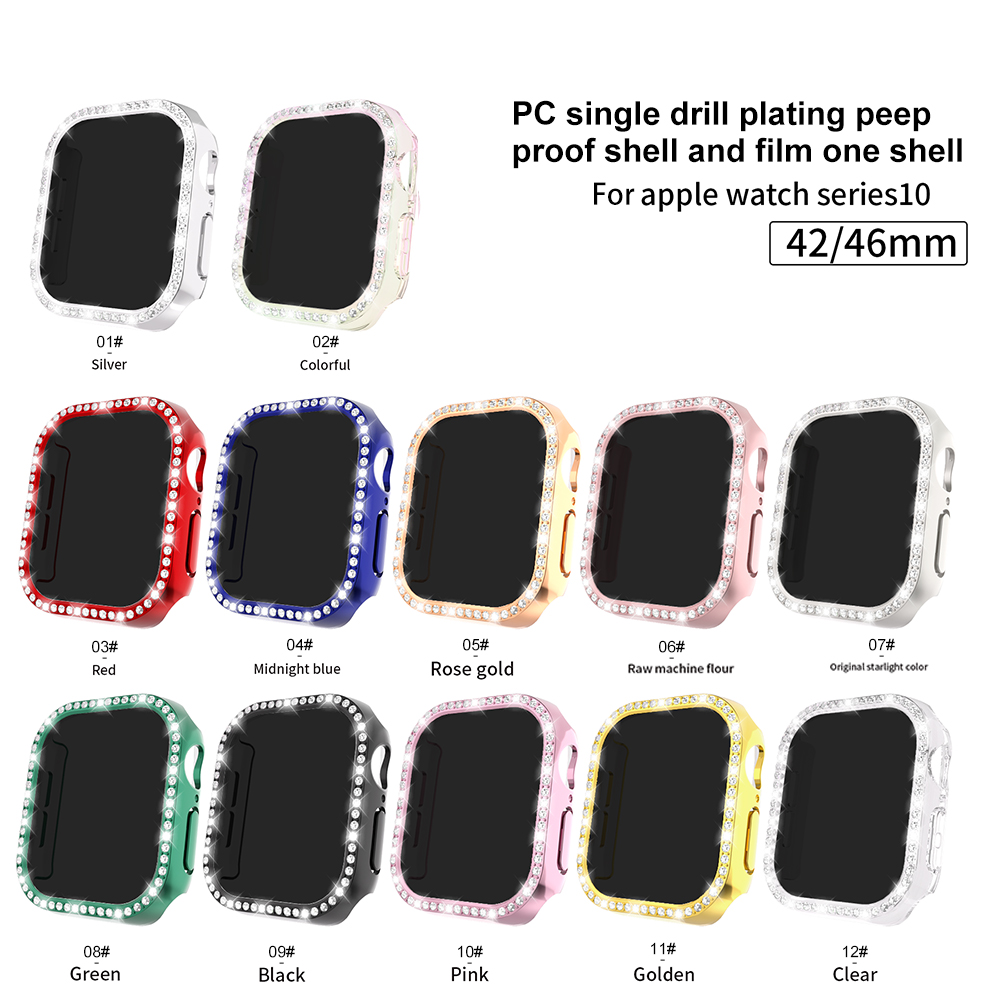 Eraysun PC Single Drill Plating Peep Proof Shell and Film One Shell for Apple Watch Series10 42mm 46mm Protector Watch Case