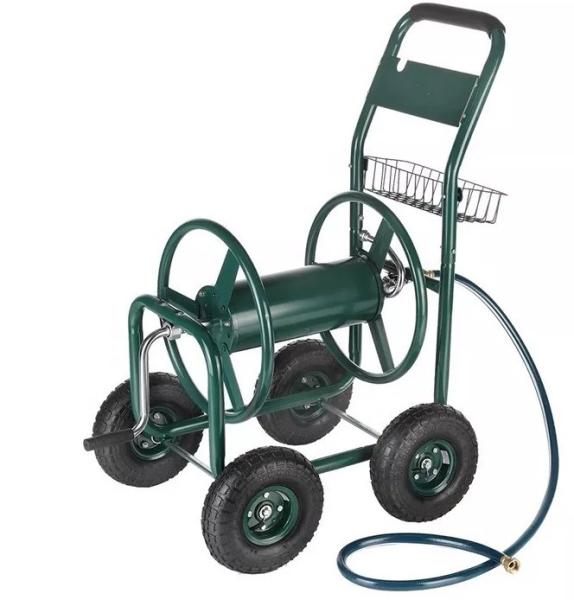 Heavy Duty Water Garden Hose Reel Cart with Basket Stainless Steel and