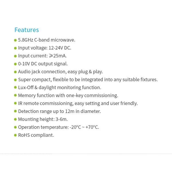 Audio-jack Connection Microwave Motion Sensor HNS124MW, Tri-level Dimming Control, Easy Plug & Play