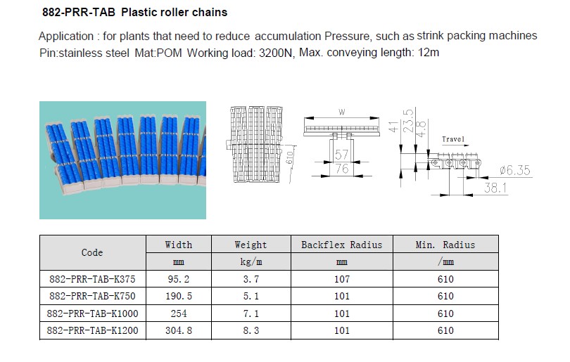 Plastic roller chains table top LBP chains  Low Back Pressure Chain