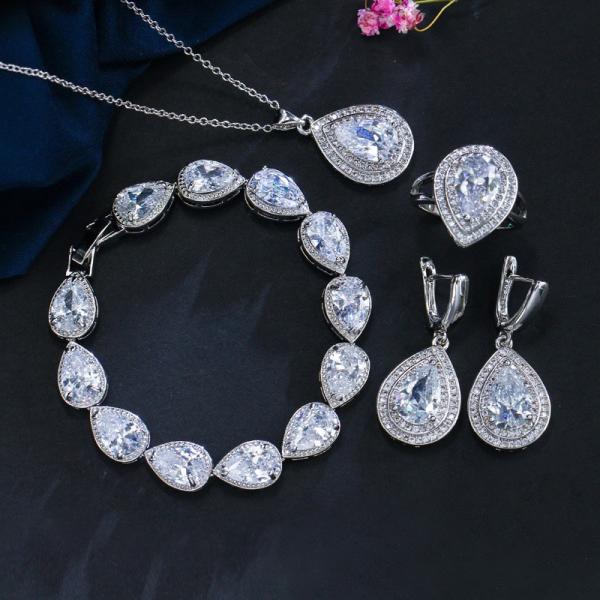 Water Drop Rhinestone Long Pendant Full Crystal Silver Plated Necklace &