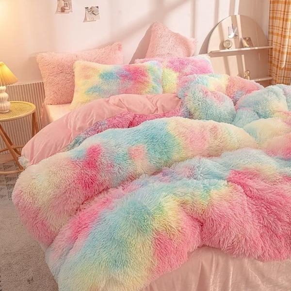200TC Thread Count Bedding Set Faux Fur Duvet Mink Rainbow Plush Fluffy Luxury