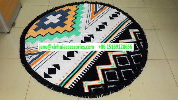 Cheaper price small MOQ cotton custom printed round beach towel with tassels