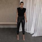 Slim Women's High Waisted Leather Pants Temperament Ribbing Splicing