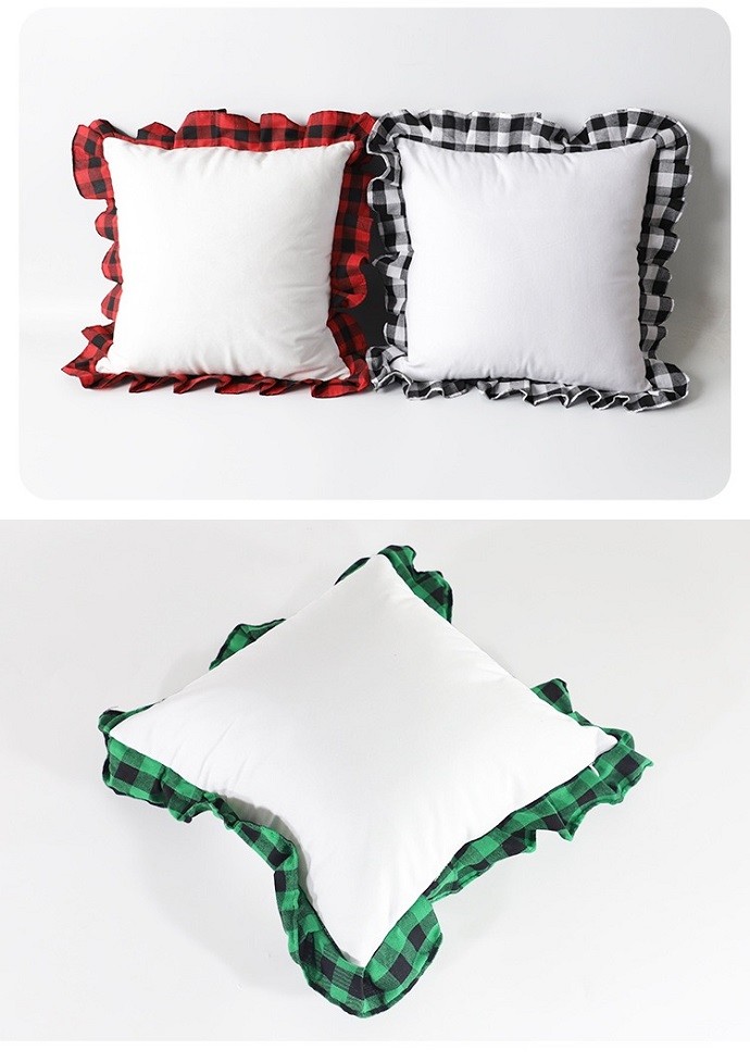 Sublimation Pillow Covers Blanks Heat Transfer Printed Plaid With Ruffled Lace