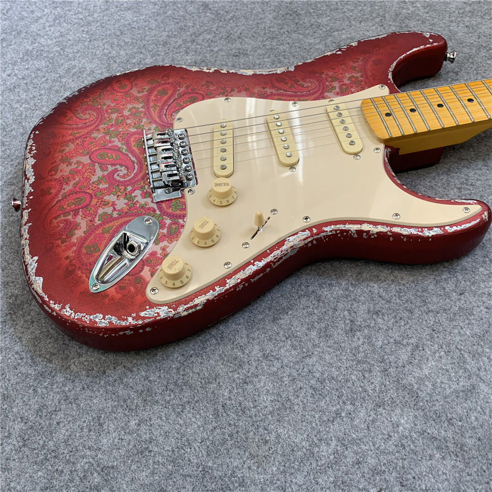 High Quality Electric Guitar Relic Retro Strat Electric Guitar with Pink Flower Color free shipping