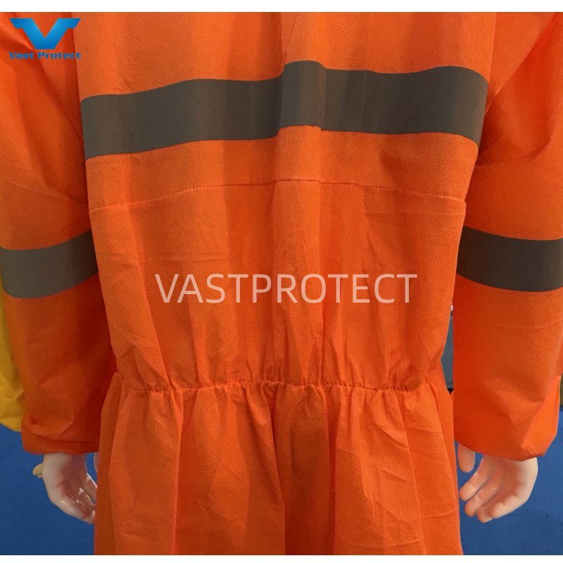 Disposable Orange Safety Reflective Tape SMS 56GSM PPE Coveralls