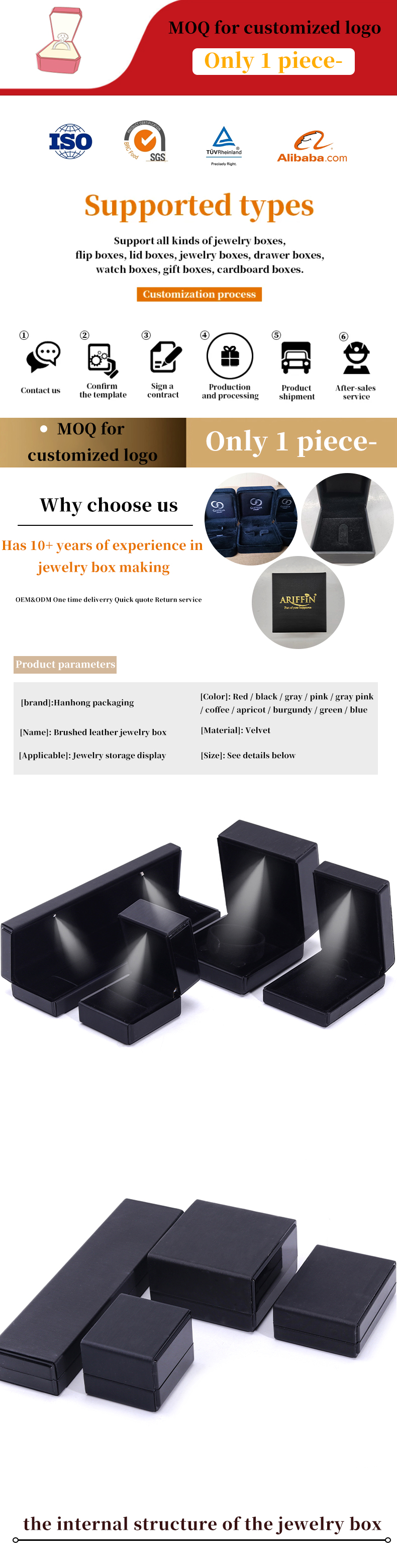 Black Handmade LED Light Jewelry Box for Hanhong Custom Logo Leather Packaging