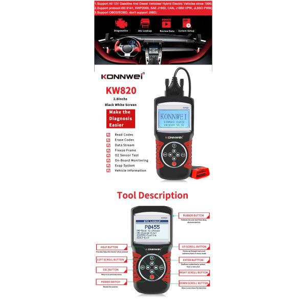 OBDII auto DiagnosticTool KONNWEI KW820 for12V car Displays monitor I / M readiness 5 languages