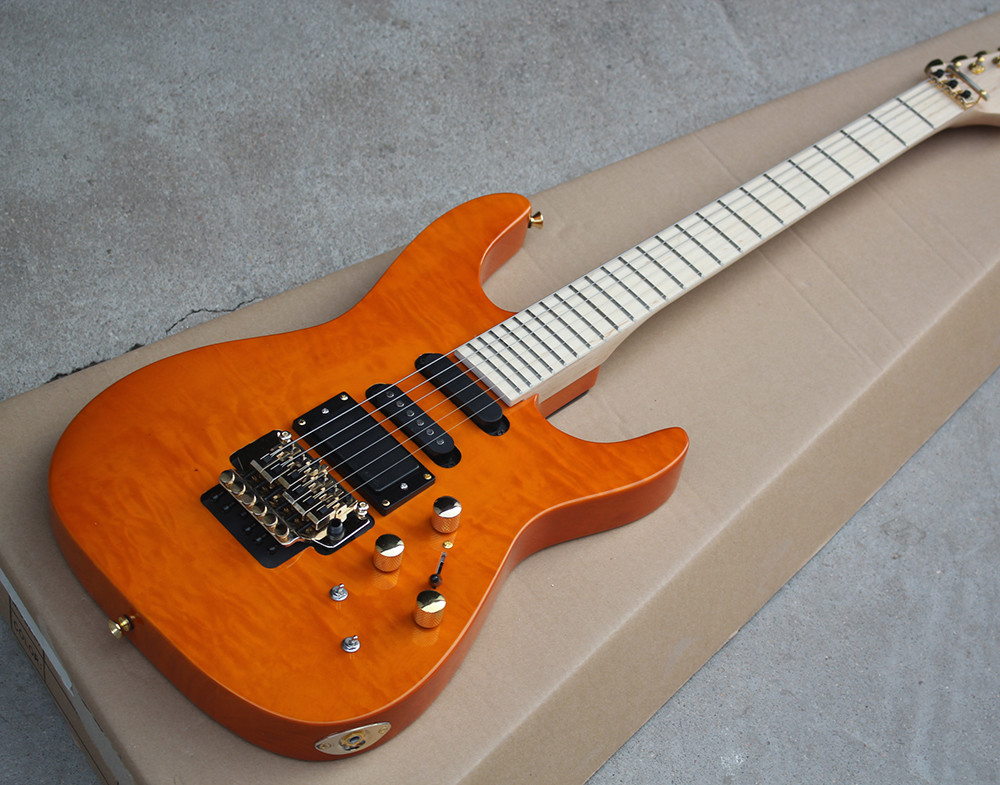 Factory Custom Orange Electric Guitar with Floyd Rose,3 Pickups,No Frets Inlay,Gold Hardware,Flame Maple Veneer