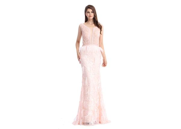 Embroidery Beading Pink Long Evening Dresses , Ladies Long Evening Dresses With