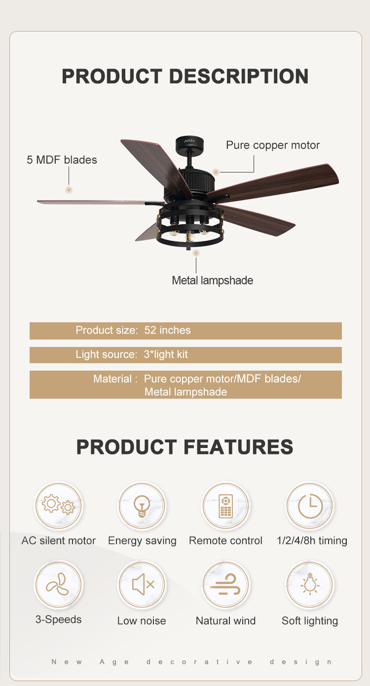 2022 Classic Ceiling Fan with Remote Control and Fancy Light Support Dimmer NO