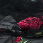 Applique Black Embroidered Mesh Lace Fabric With 3d Red Floral Design For Bridal