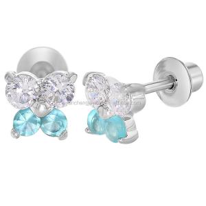 Wholesale Butterfly Blue and Clearly CZ Children's Customized Stud Earrings 925 Sterling Silver from china suppliers