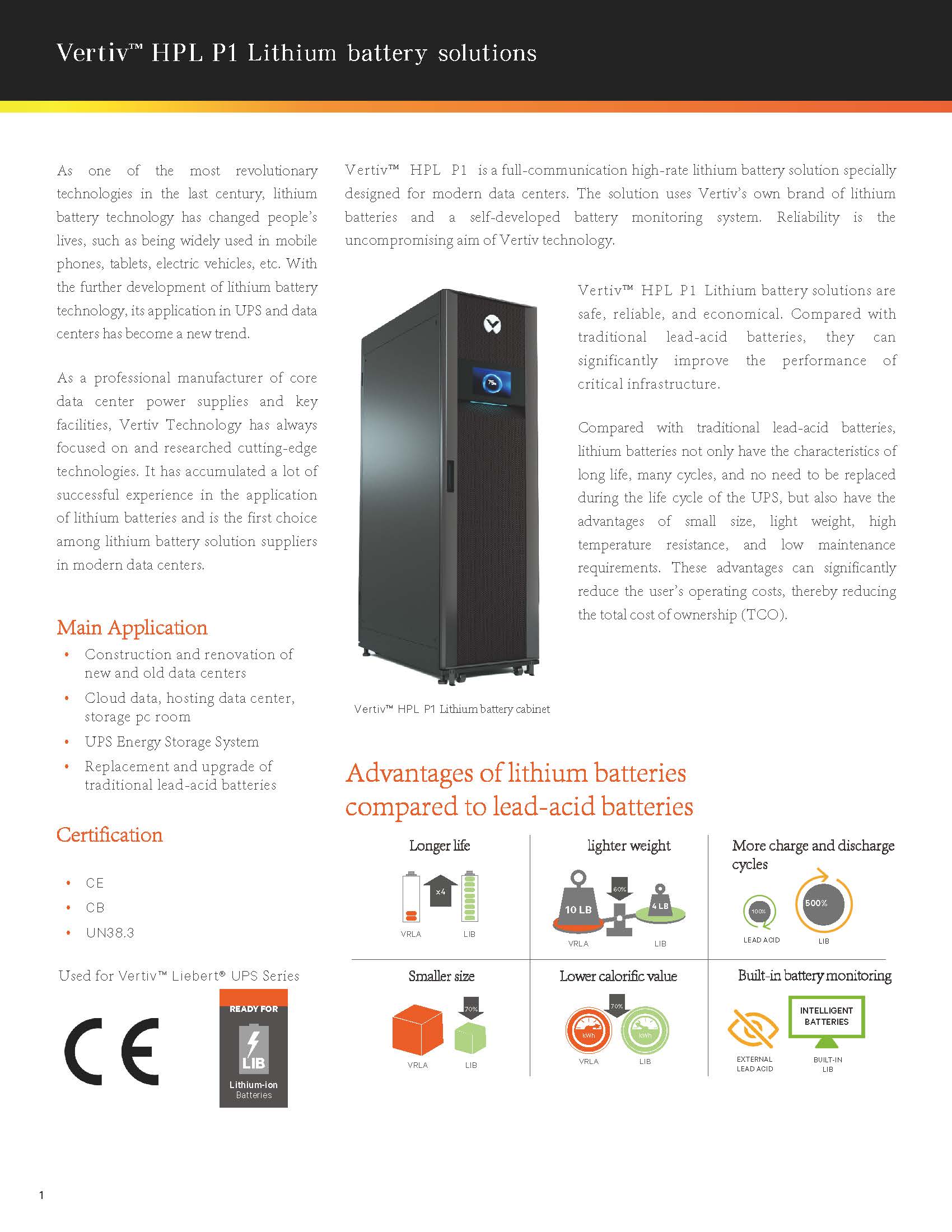 Battery Solution Vertiv HPL P1 Lithium Battery MAX 512V for IDC and Industrial Center