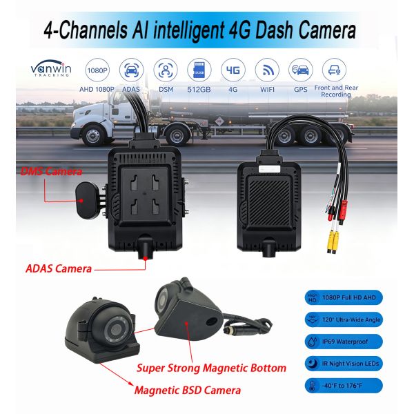 4 Channels AI Intelligent 4G Mobile Digital Video Recorder Dash Camera System GPS Tracking Night Vision Cloud Remote Monitoring