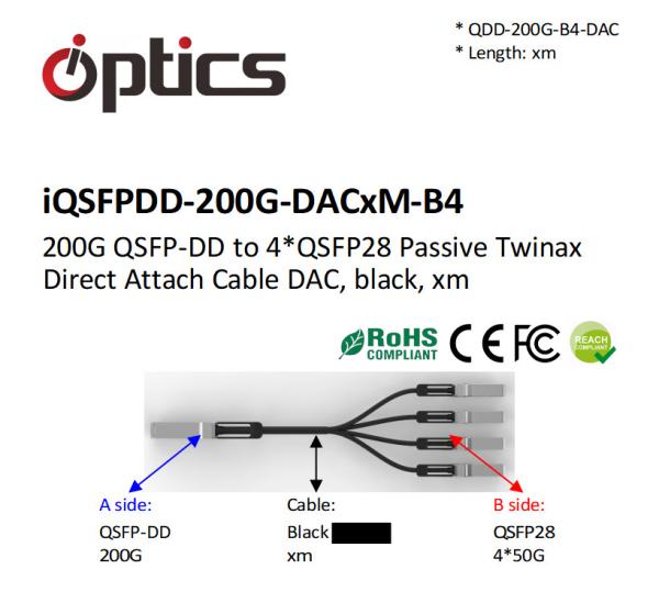 QSFPDD-200G-DACxM-B4 200G QSFPDD To 4x50G QSFP28 Breakout DAC(Direct Attach